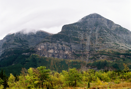 [Short light green trees are in the foreground. Behind it is a very tall and wet rocky mountain. There is greenery on the lower quarter of the mountain, but the rest is nearly all rock face.]